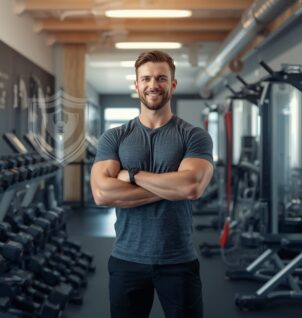 A confident personal trainer standing in a modern gym, symbolizing professionalism, trust, and the importance of business protection through fitness insurance.