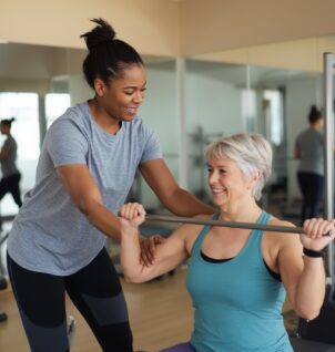 A personal trainer guiding a middle-aged woman through strength training in a modern gym, symbolizing mentorship and professional fitness coaching.