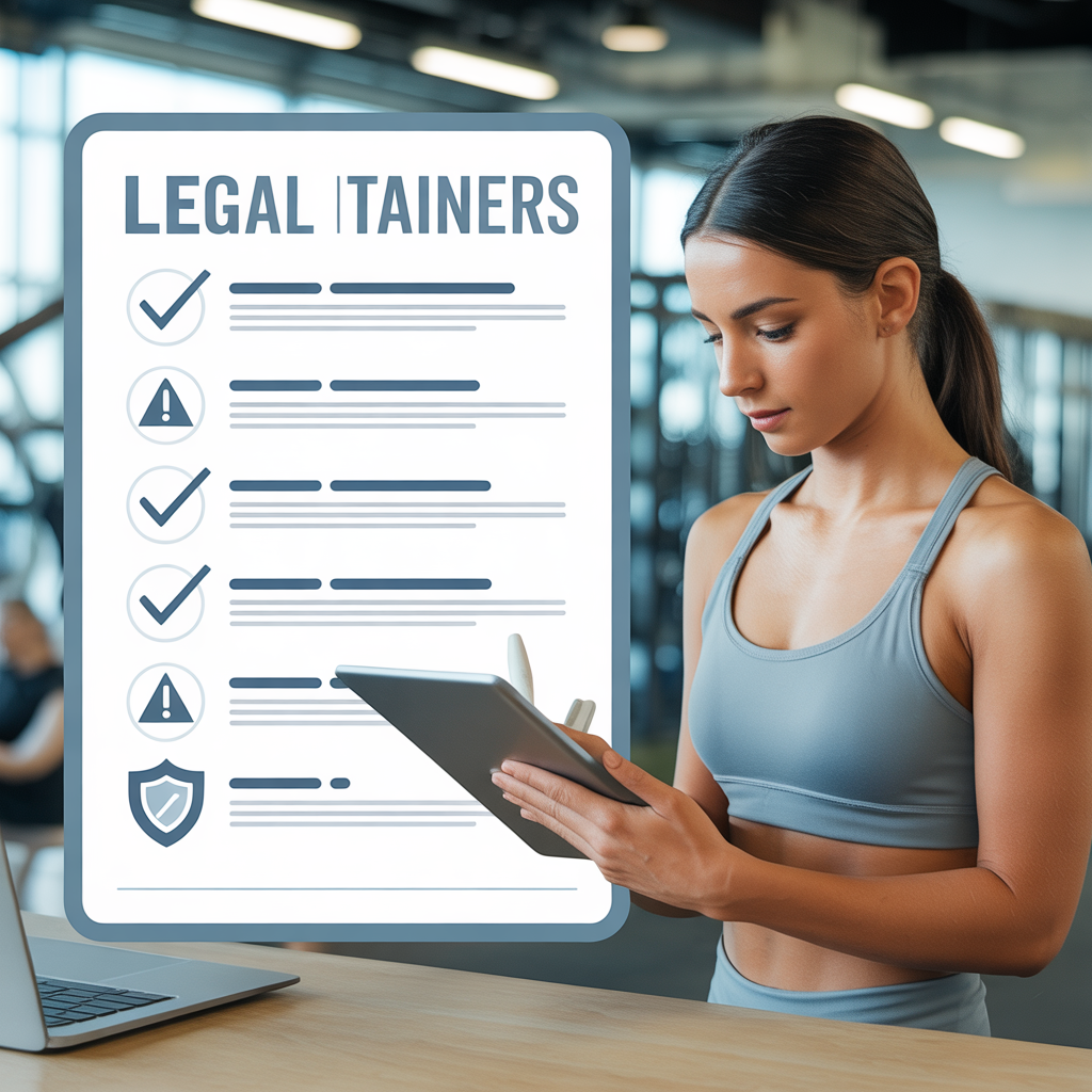 Personal trainer reviewing legal documents on a tablet in a gym, highlighting liability insurance and compliance for fitness professionals.