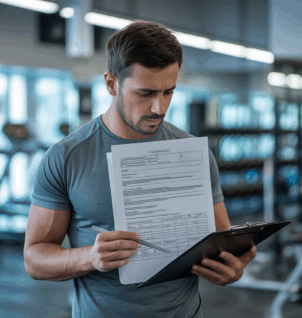 A personal trainer in a gym reviewing legal documents on a clipboard, representing the importance of insurance, waivers, and legal compliance in the fitness industry.