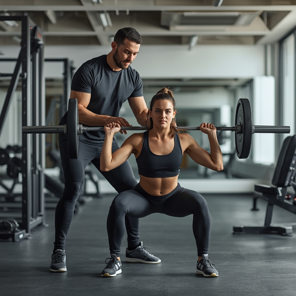 Personal trainer spotting a client during a barbell squat in a modern gym, emphasizing safety, supervision, and liability protection.
