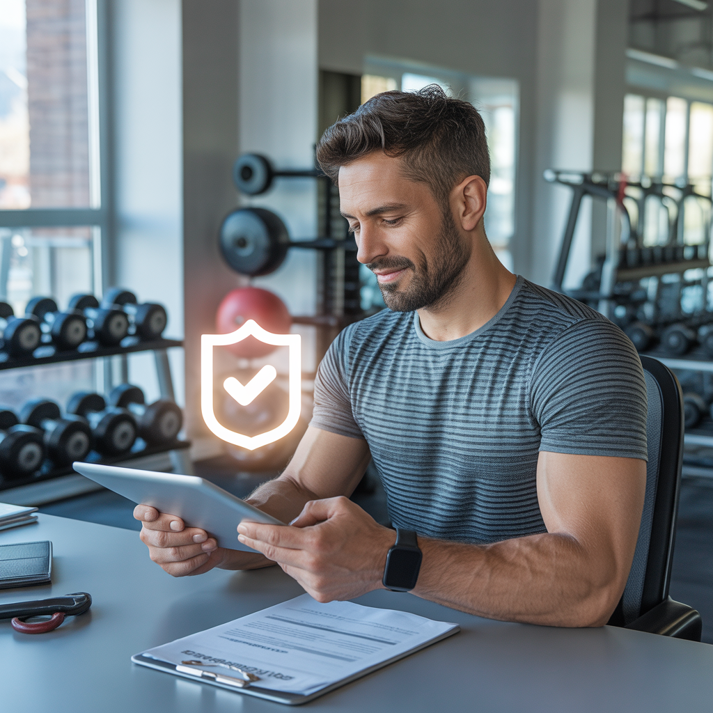 Personal trainer sitting in a modern gym reviewing liability insurance documents on a tablet, symbolizing professional and general liability coverage for fitness professionals.