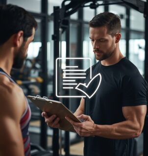 Personal fitness trainer reviewing client paperwork on a clipboard inside a modern gym, highlighting professional responsibility and the importance of liability insurance protection