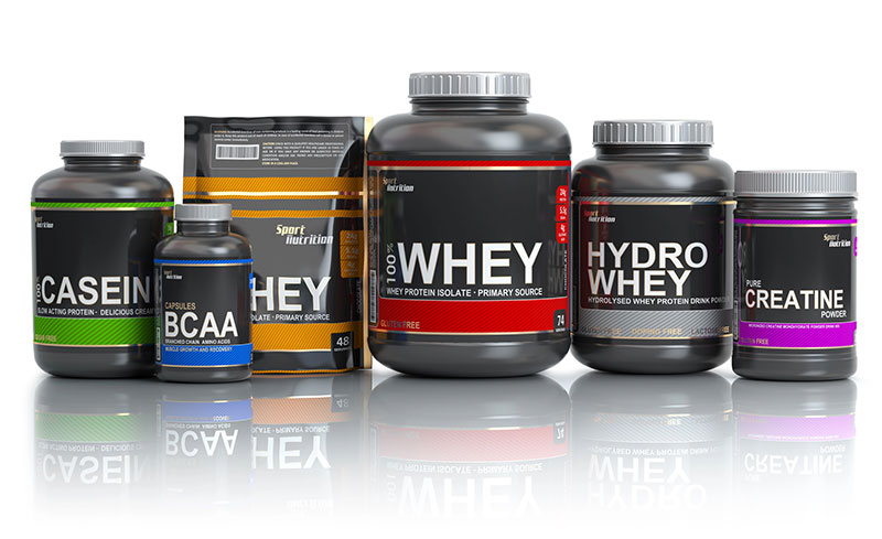 Lineup of health supplements: Casein, BCAA, Whey Protein, Hydro Whey and Creatine