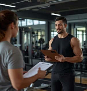 Personal trainer consulting with client in gym using tablet during fitness assessment and onboarding session