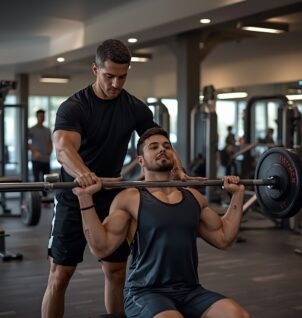 Personal trainer assisting client with barbell exercise in gym to ensure proper form and prevent injury