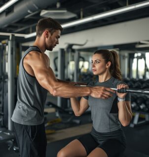 Personal trainer guiding client with proper barbell technique in gym to reduce injury risk and ensure safe workout