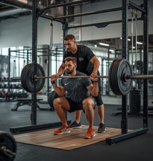 Personal trainer spotting client during barbell squat exercise in gym to ensure safe strength training and proper form