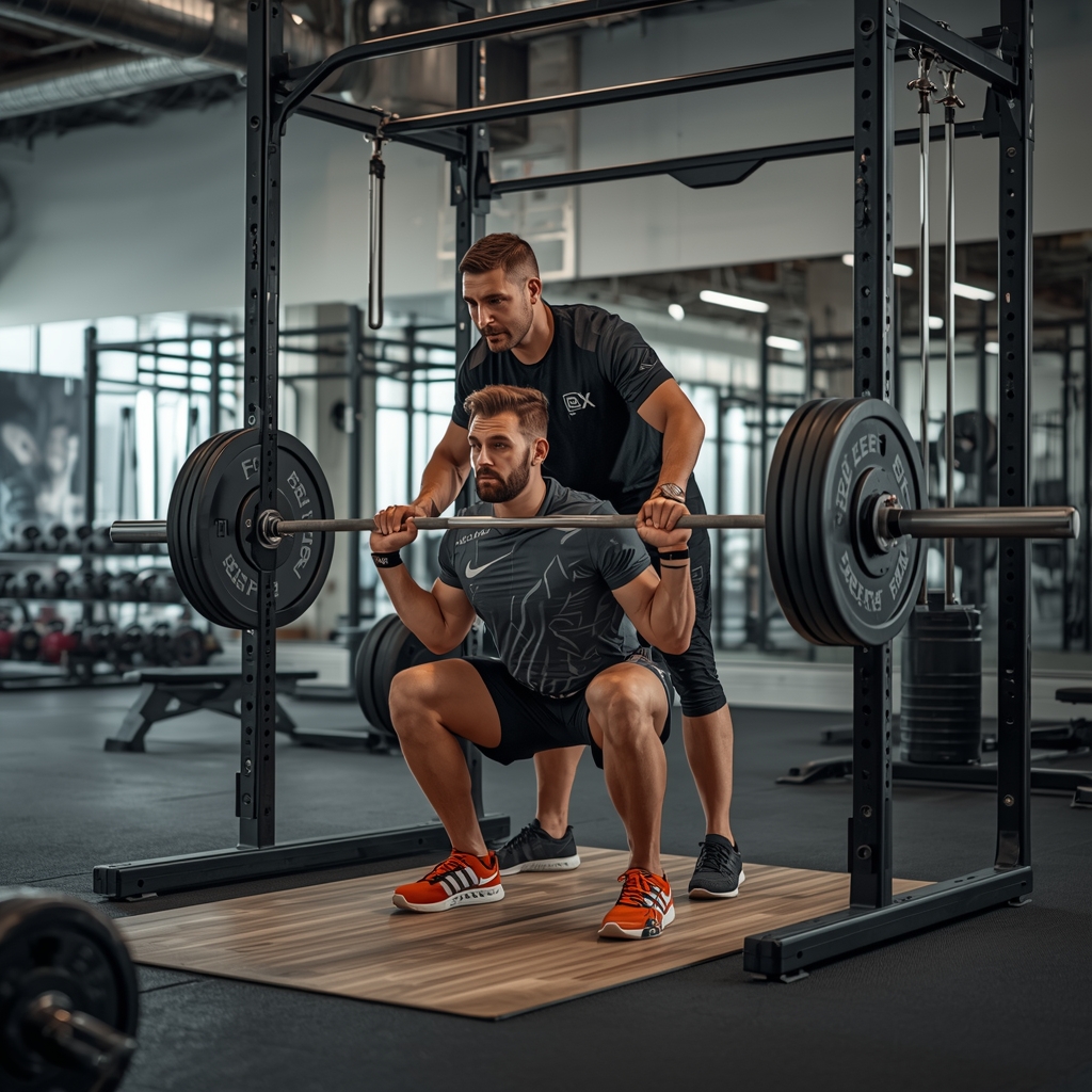 Personal trainer spotting client during barbell squat exercise in gym to ensure safe strength training and proper form