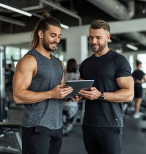 Certified personal trainer discussing fitness progress and workout plans with a client in a professional gym environment