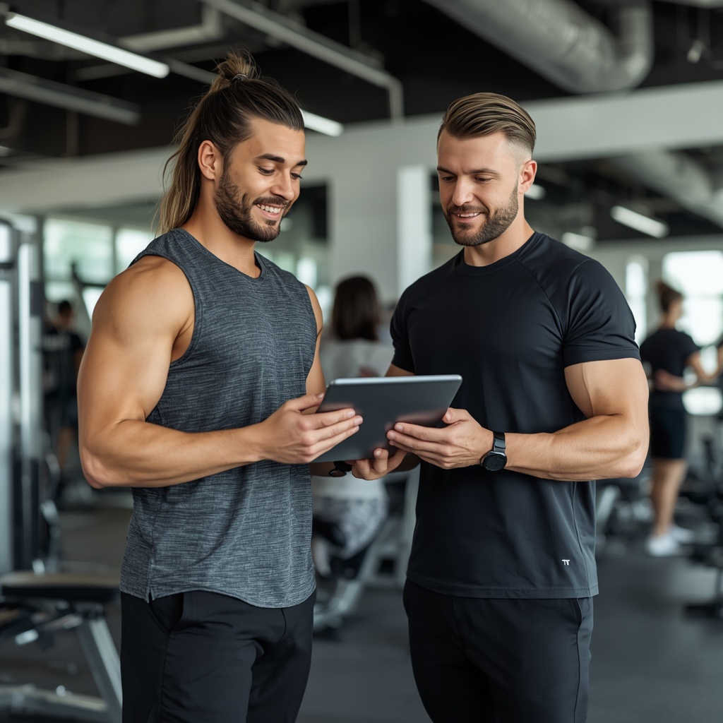 Certified personal trainer discussing fitness progress and workout plans with a client in a professional gym environment