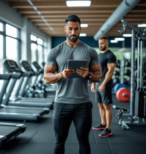 Certified personal trainer reviewing a client workout plan in a gym, highlighting the importance of personal trainer liability insurance and gym insurance coverage.