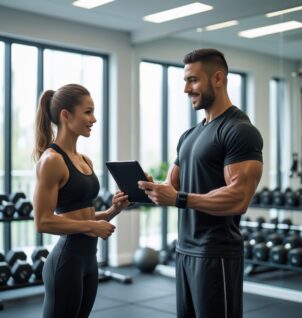 Certified personal trainer reviewing a fitness liability insurance policy with a client in a modern gym, highlighting professional trainer insurance coverage and risk management.