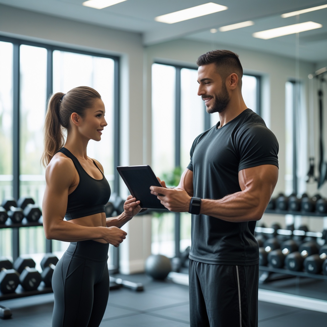 Certified personal trainer reviewing a fitness liability insurance policy with a client in a modern gym, highlighting professional trainer insurance coverage and risk management.