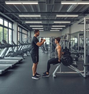 Certified personal fitness trainer coaching a client during a strength training session in a modern gym, highlighting the importance of personal fitness trainer liability insurance.
