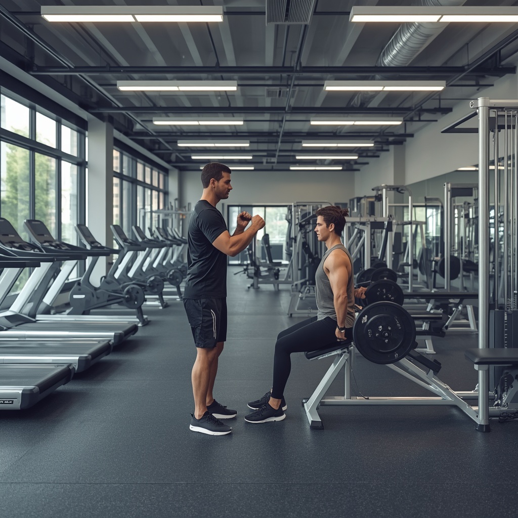Certified personal fitness trainer coaching a client during a strength training session in a modern gym, highlighting the importance of personal fitness trainer liability insurance.