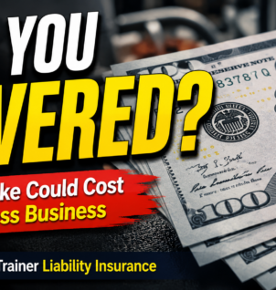 Personal trainer coaching a client during a workout while considering fitness business liability risks