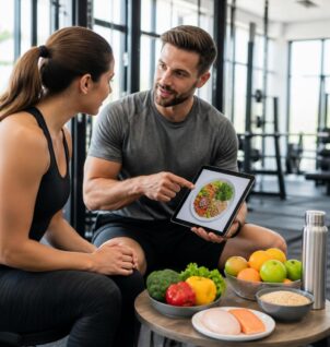 Personal trainer discussing nutrition and healthy eating with a client