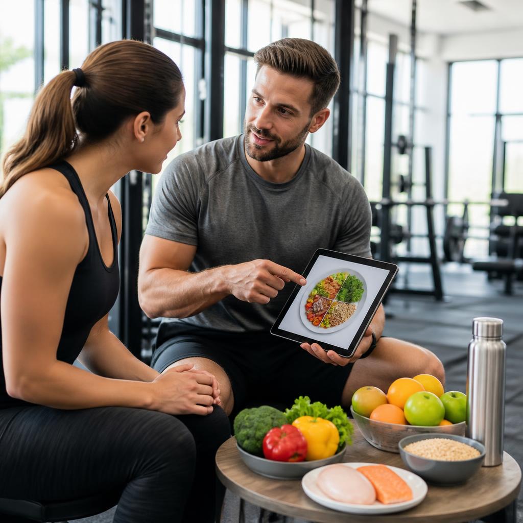 Personal trainer discussing nutrition and healthy eating with a client