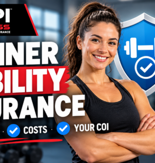 Illustration of a personal trainer behind a shield representing liability insurance coverage