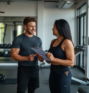Personal trainer discussing fitness insurance coverage with a client