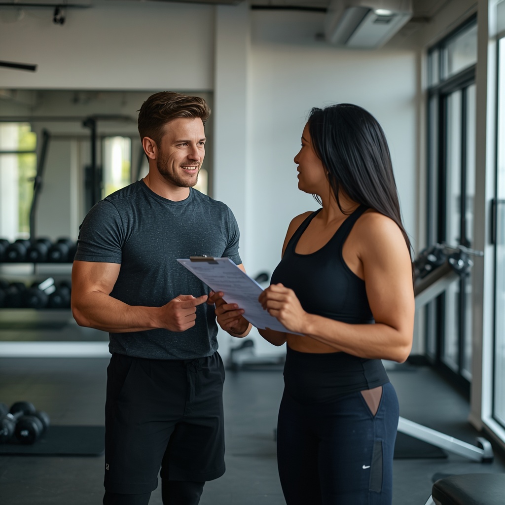 Personal trainer discussing fitness insurance coverage with a client